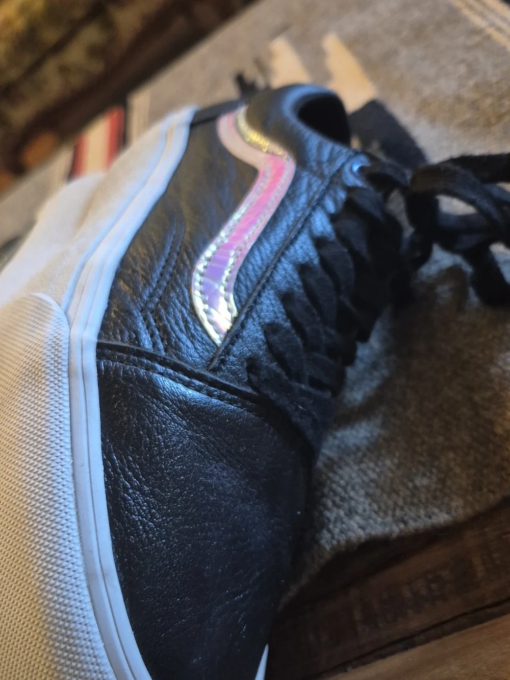 Vans Old Skool Irridised Racing Stripe Black Leather Womens Sz.8. VGC.(#1063sh)